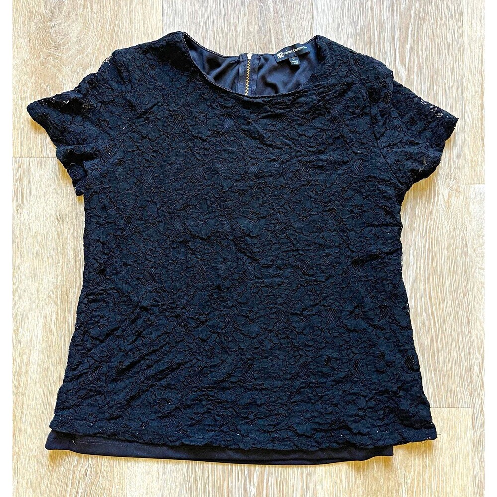 Valerie Bertinelli Black Floral Lace Round Neck Short Sleeve Blouse Plus 1X Zip